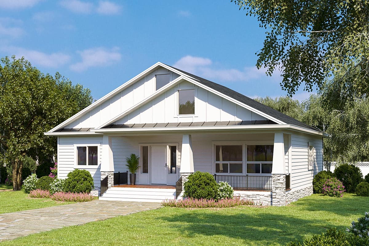 House plan exterior. One-story Ranch style home with gabled roof, covered porch, and small dormer window. Features white siding and stonework.