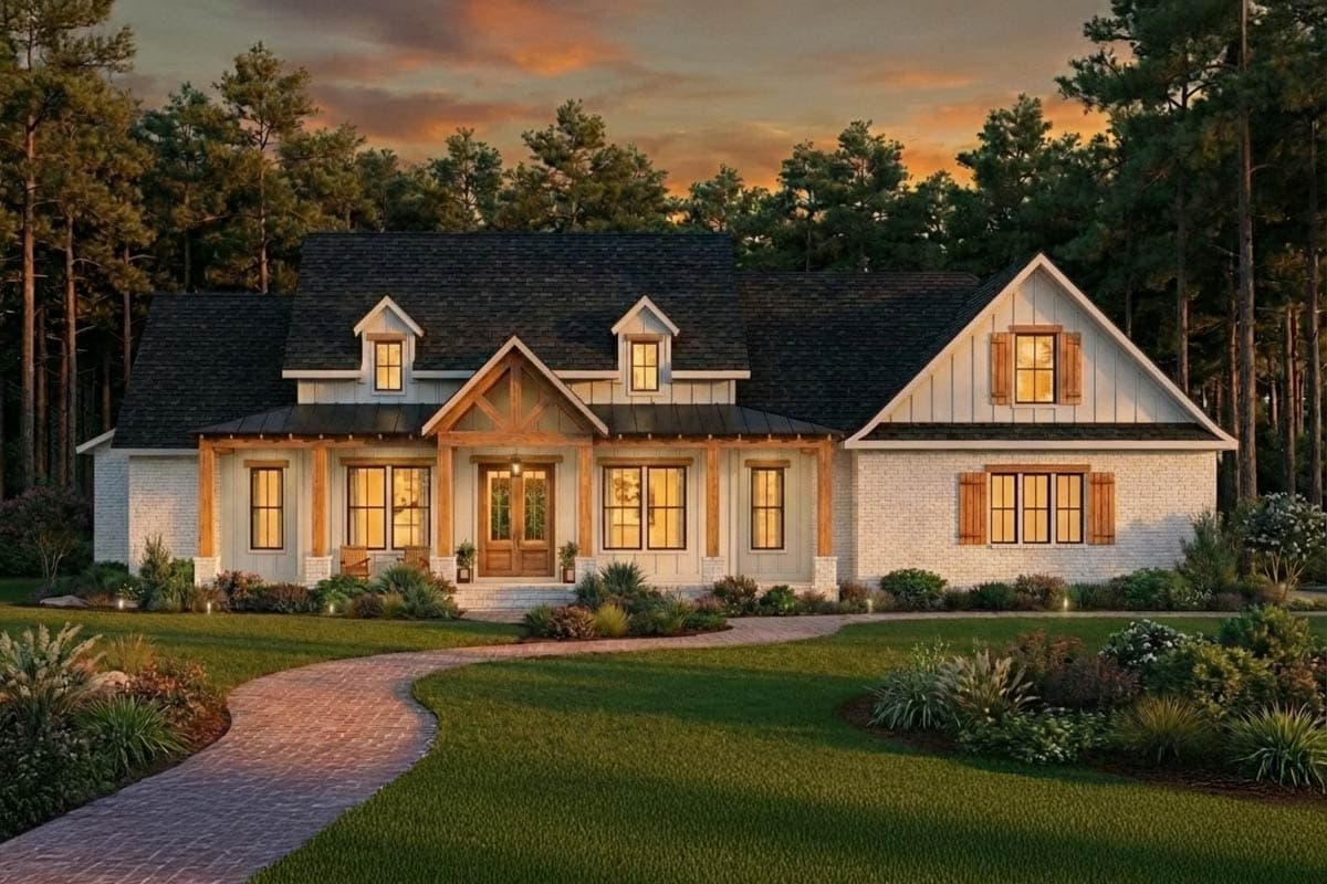 Modern Farmhouse house plan exterior with a covered front porch, gables, dormers, and wood accents.
