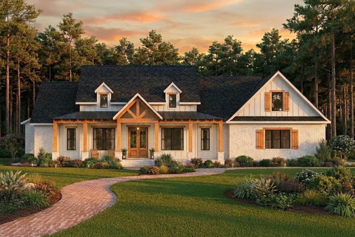 Modern Farmhouse house plan exterior with covered front porch, exposed beams, white brick, and gables.
