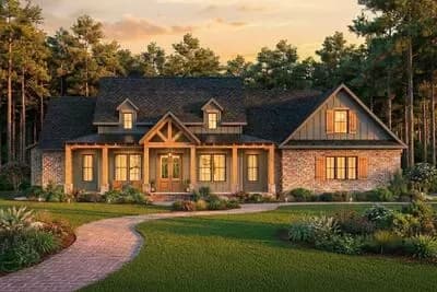 New American Farmhouse Plan with Brick and Board and Batten Exterior