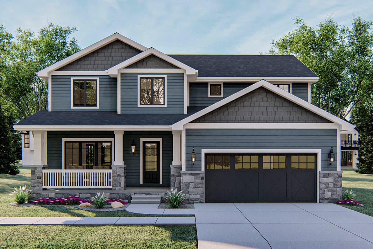 House plan exterior. Two-story home with Craftsman-style elements, front porch with stone columns and a gabled roof over the entry and garage.