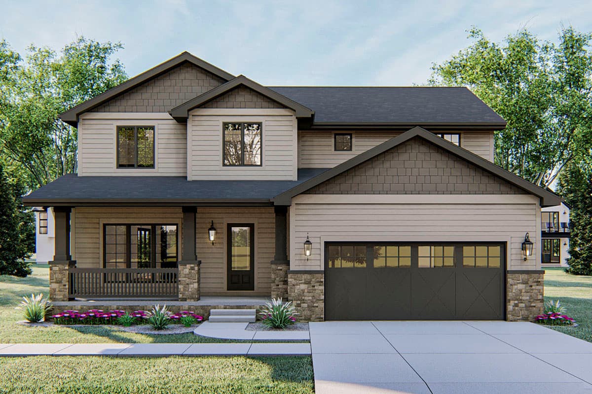 Two-story house plan exterior with front porch, stone accents, gables, and a two-car garage.