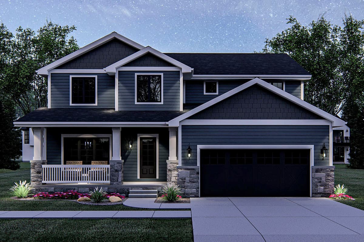 Two-story Modern Farmhouse house plan exterior with covered front porch, stone accents, gables, and a two-car garage.