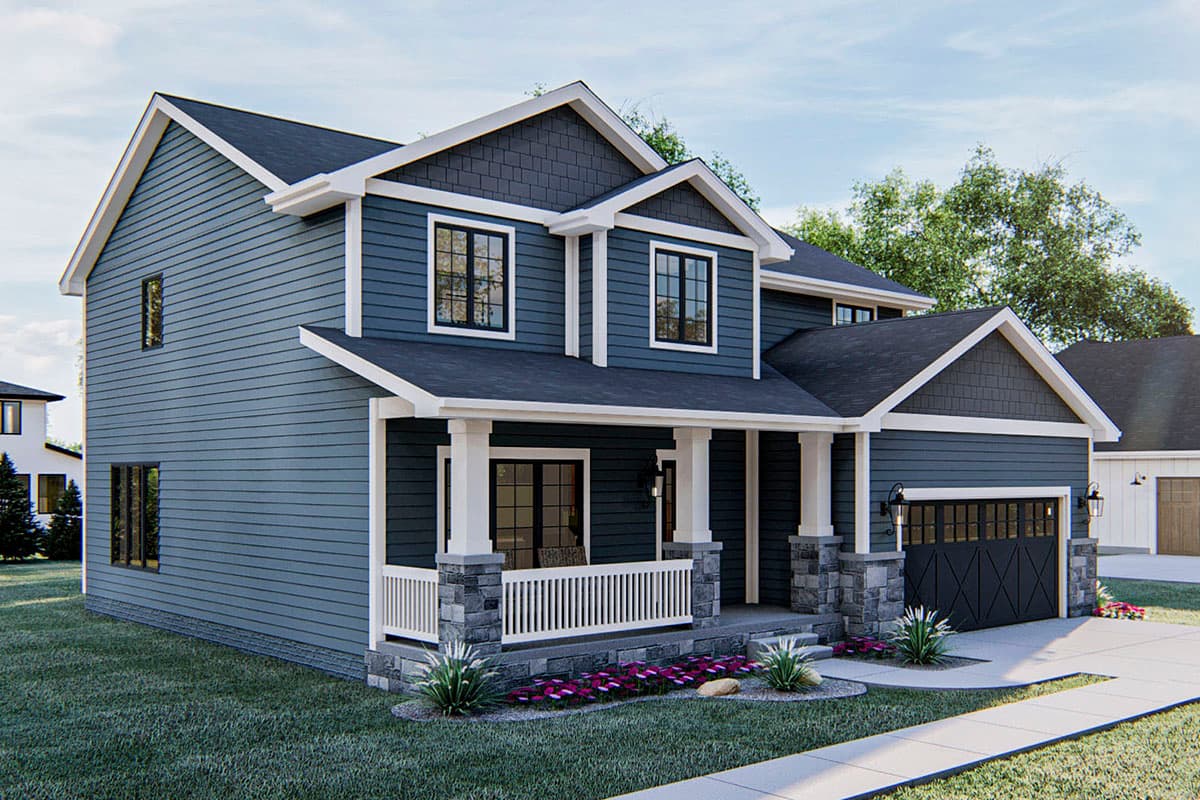 House plan exterior: Two-story, dark blue siding, white trim, gabled roof, covered front porch with stone-clad columns, attached two-car garage.