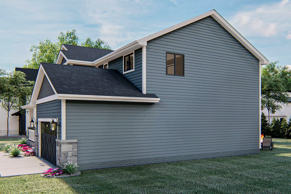 House plan exterior showing a two-story home with gabled dormers, horizontal siding, and a two-car garage.