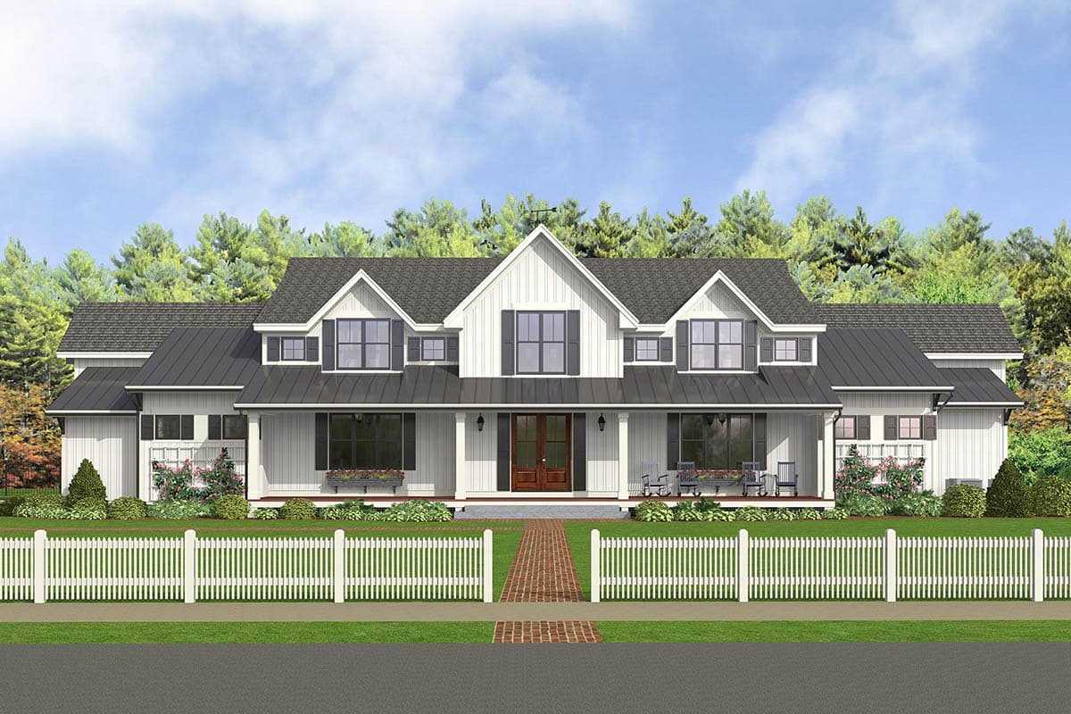 Farmhouse-style house plan exterior. Features include a front porch, gabled roof, and multiple dormers. Includes a white picket fence and landscaping.