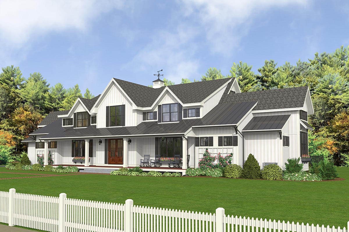 Modern Farmhouse house plan exterior with a wraparound porch, multiple gables, dormers, and a cupola.