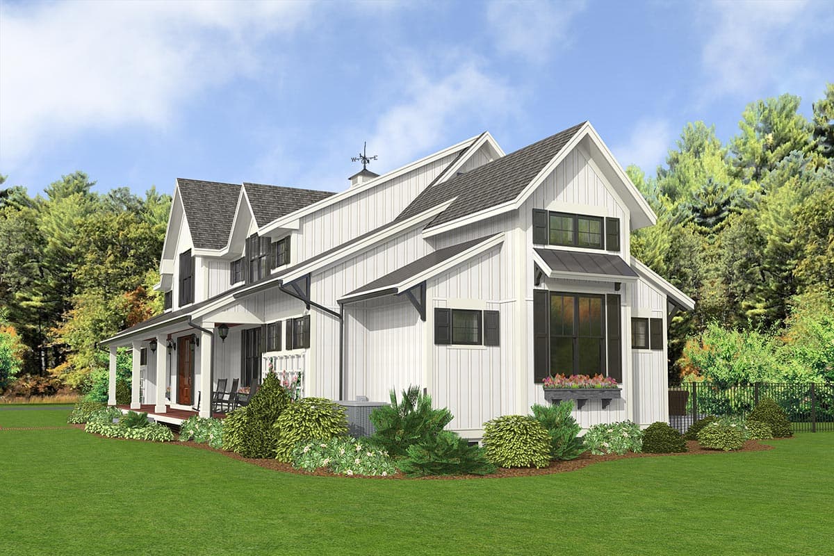 Modern Farmhouse house plan exterior with a wraparound porch, gables, dormers, and vertical siding.
