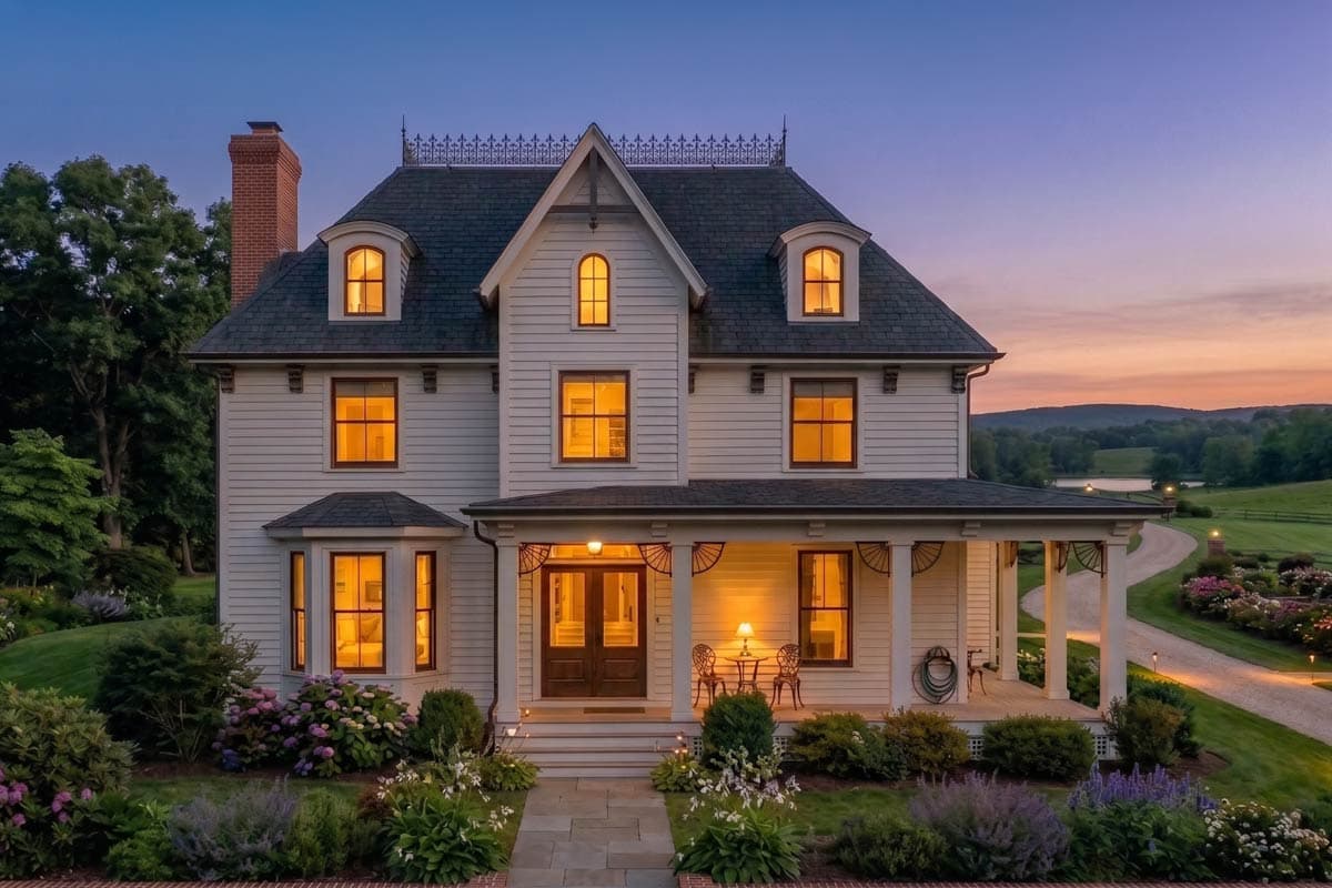 House plan exterior of a two-story home with a prominent central gable, dormer windows, and a wrap-around porch.