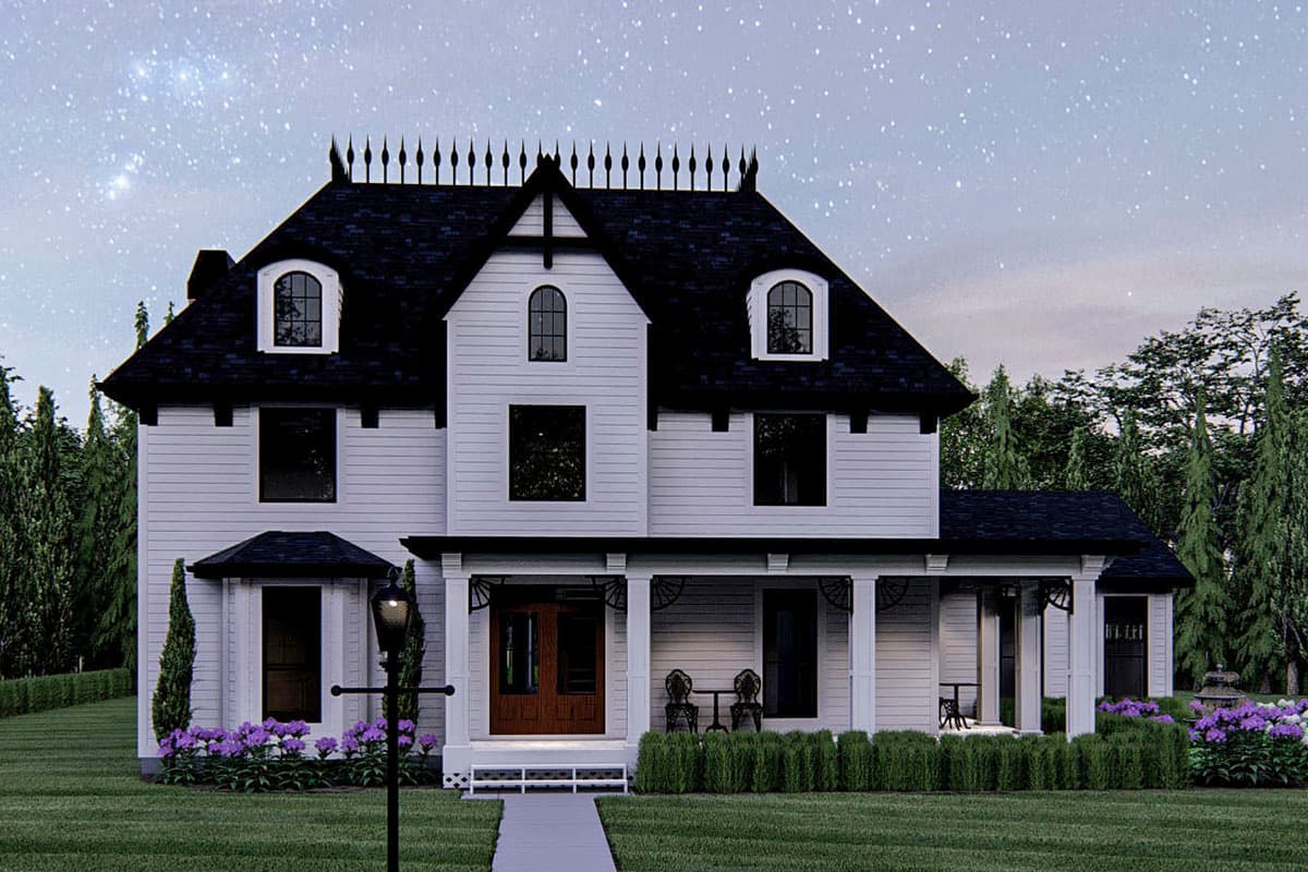 House plan exterior of a two-story home with a prominent central gable, dormer windows, and a wrap-around porch.
