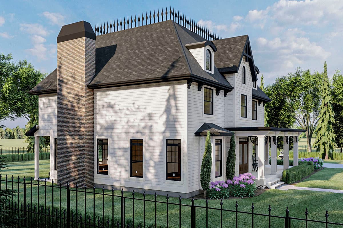 House plan exterior: Two-story home with a brick chimney, gabled dormers, and a covered front porch with columns.