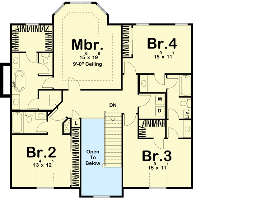 Plan 62876DJ: Victorian-inspired House Plan with Upstairs Bedrooms and Laundry - Floor Plan - 2nd Floor - Southern, Traditional, Victorian