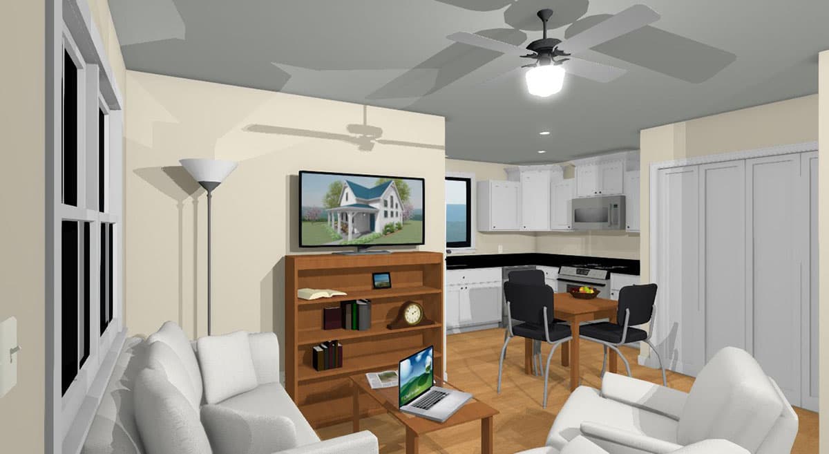 Living area with sofa, bookshelf, TV displaying house exterior, and adjacent kitchen with dining table and chairs.