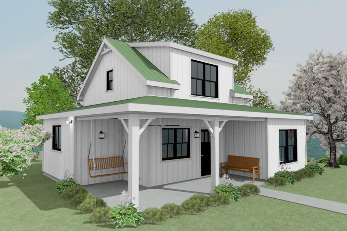 Modern Farmhouse house plan exterior with a prominent gabled dormer, wrap-around porch with white columns, and a green metal roof.