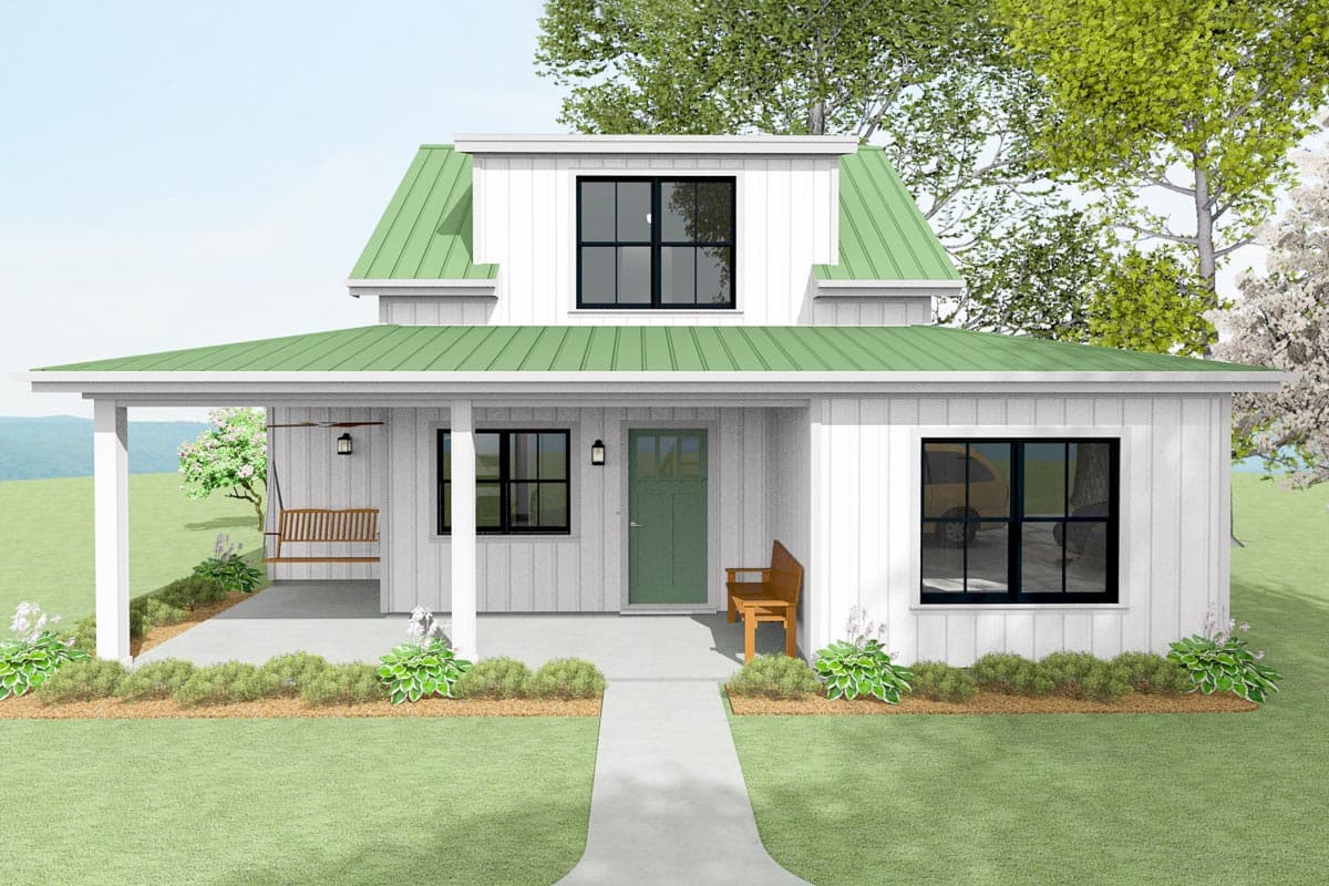 House plan exterior with two stories, a front porch with a swing, shed roof, and a gable dormer. Features a white board and batten siding.