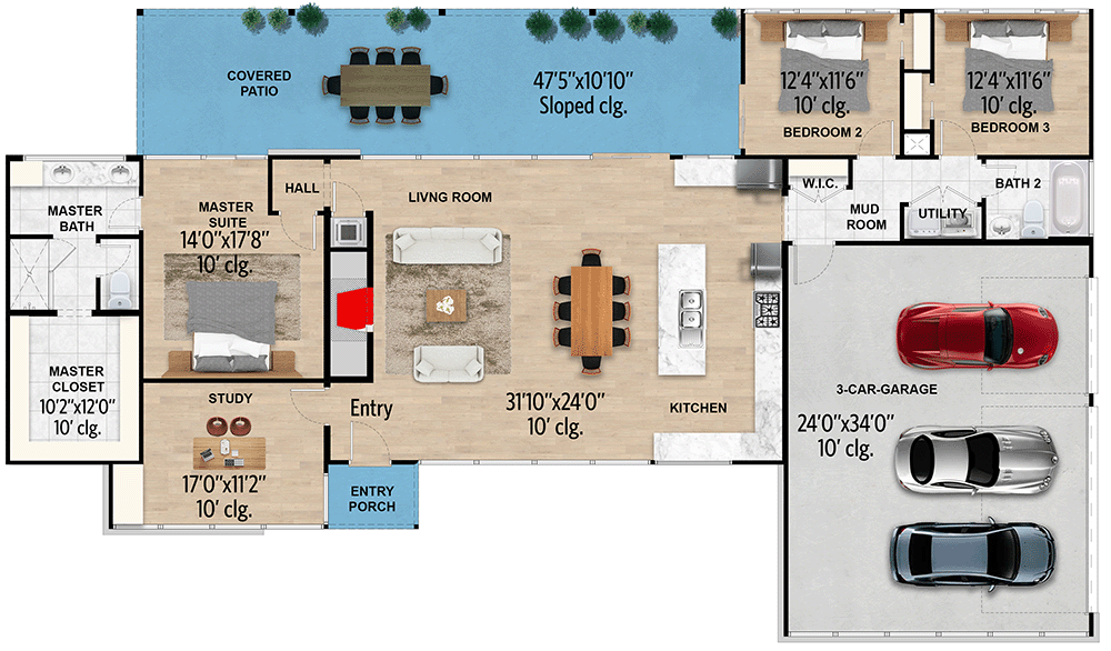 Plan 430063LY:  Mid-Century Modern Ranch Home Plan with Large Covered Patio - Floor Plan - Main Level - Mid Century Modern, Modern, Ranch, Traditional