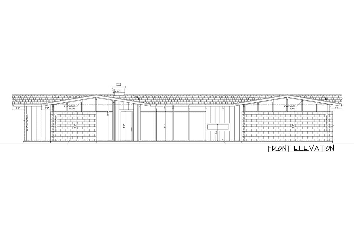 Front elevation drawing of a single-story house with a prominent pitched roof, brick base, and large windows.