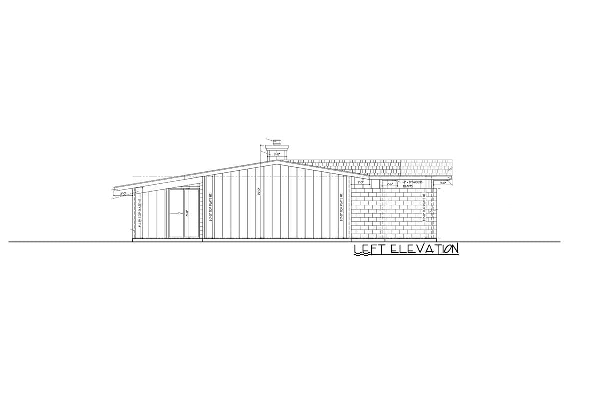 Left elevation drawing of a house plan showing a sloped roofline, vertical siding, brick wall, and a chimney.