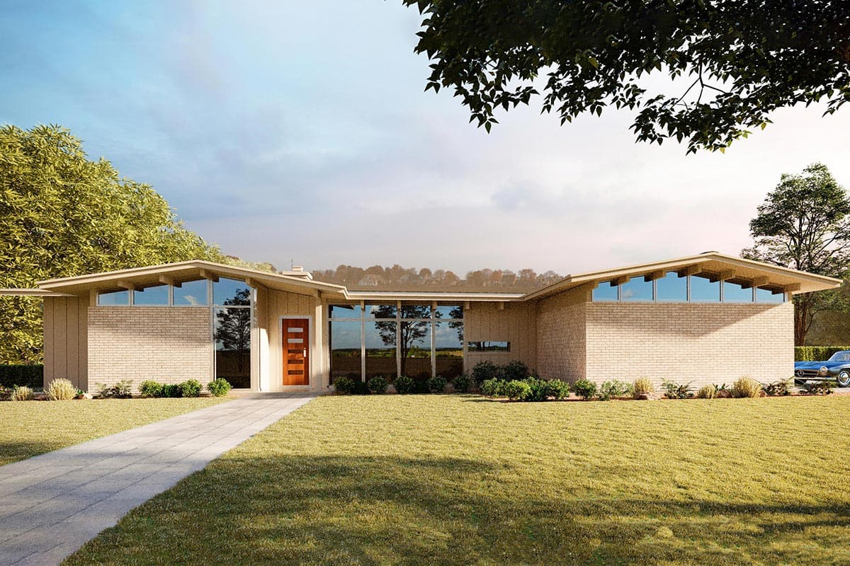 House plan exterior. Mid-century modern style, single story. Features include clerestory windows, overhanging eaves, and a low-pitched roofline.