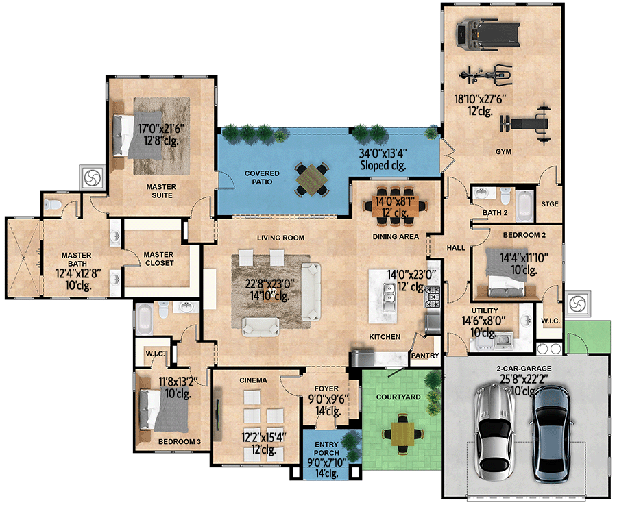 Plan 430060LY:  Ranch House Plan with Home Theater and Gym - Floor Plan - Main Level - Contemporary, Ranch