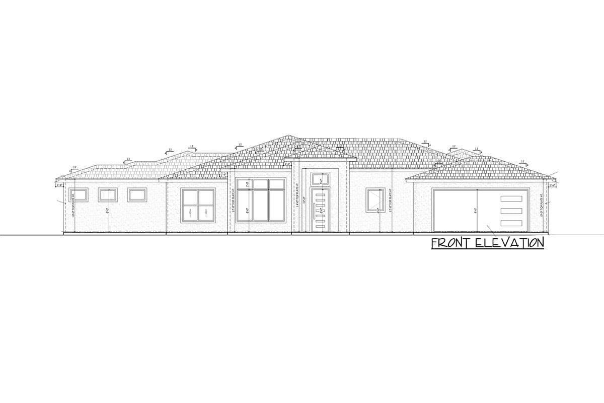Front elevation drawing of a one-story house plan with a multi-gabled roof, large windows, a central entry, and a two-car garage.