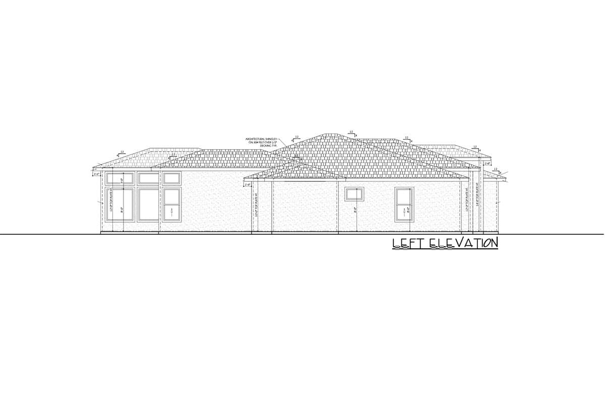 Left elevation drawing of a house plan, showing a single-story structure with a pitched roof, brick exterior, and multiple windows.