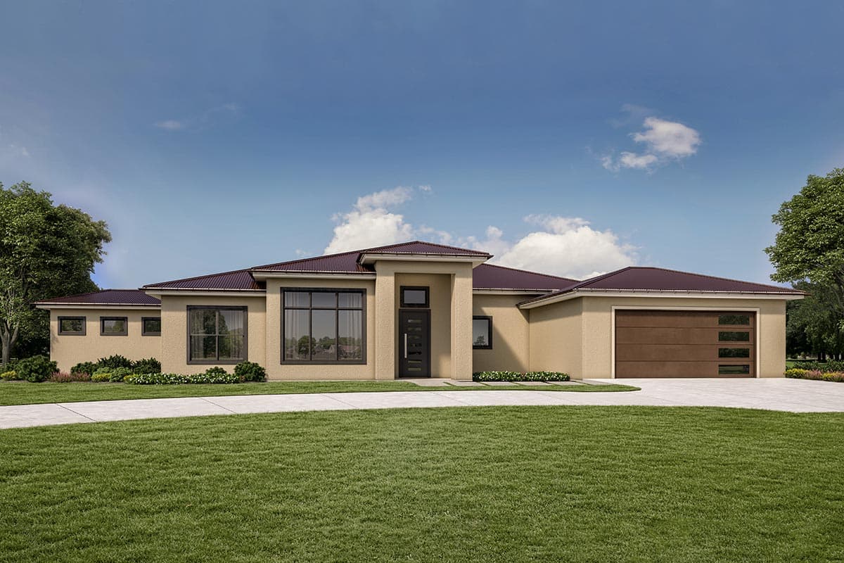 House plan exterior. Single-story Modern home with a flat roof, large windows, and a side-entry garage with glass panels.