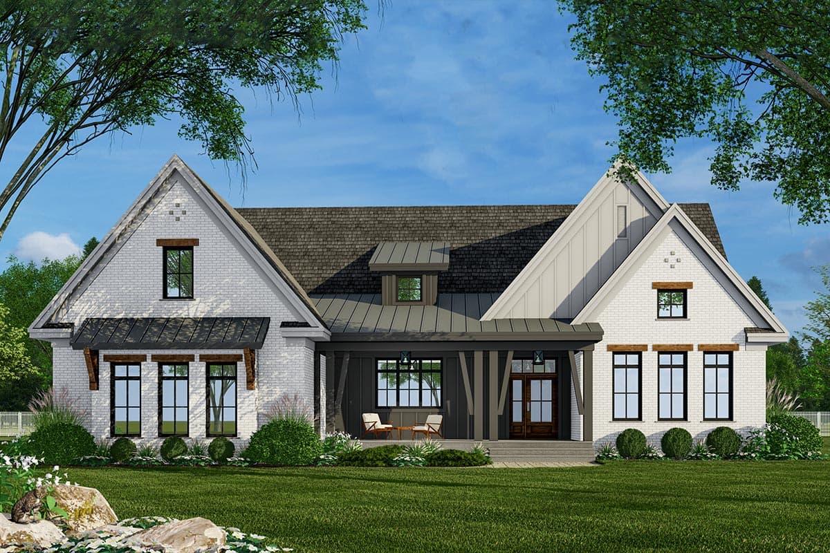 House plan exterior. Modern farmhouse style with gabled roof, covered porch, dormer, and metal accent rooflines. Single-story structure.