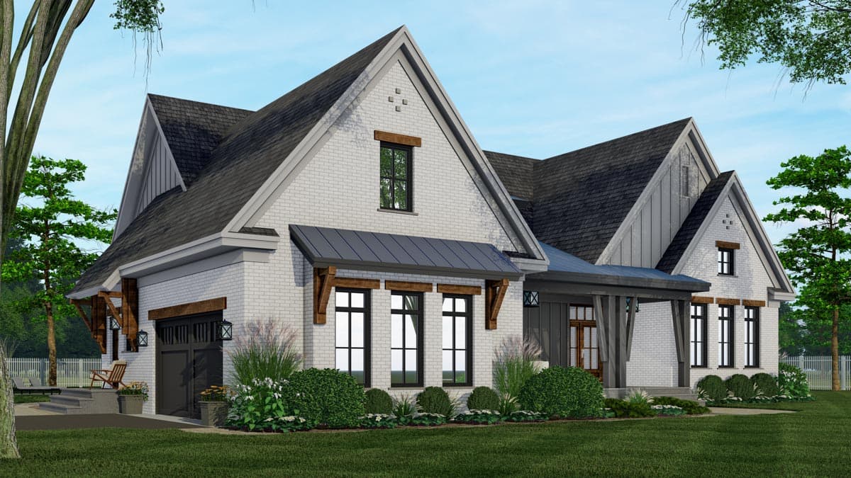 House plan exterior: Modern Farmhouse style, white brick, gabled roofs, metal awnings, wood beams, garage.