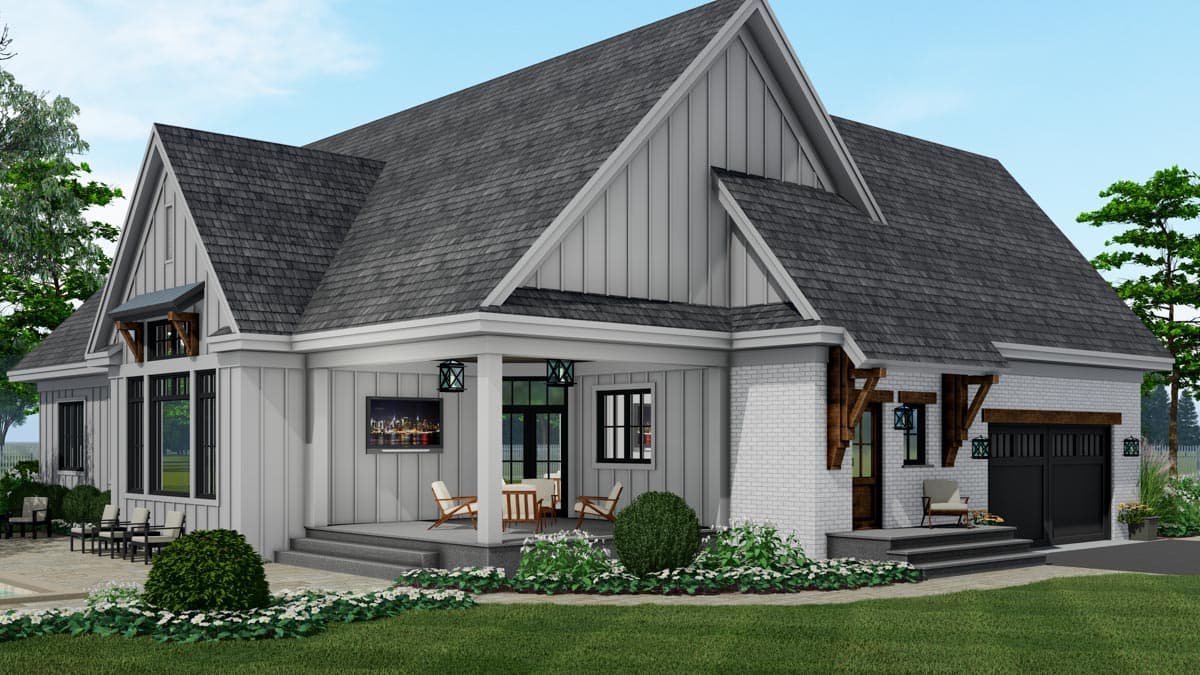 House plan exterior of a Modern Farmhouse style home with gables, board and batten siding, brick facade, and covered porch.