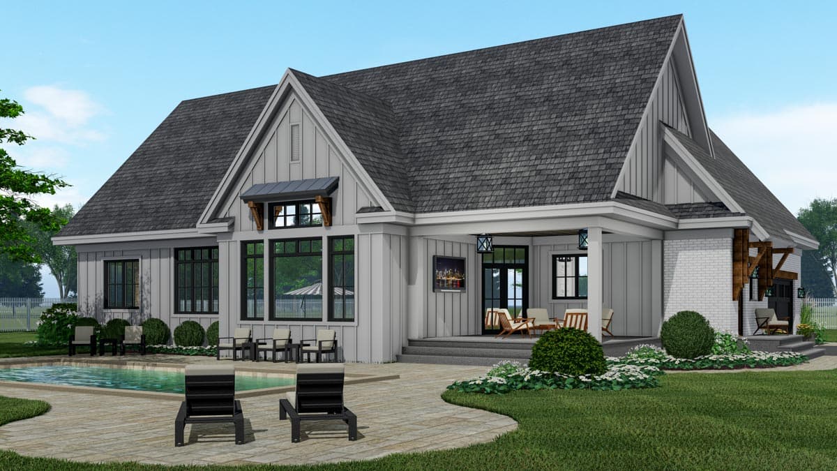 Modern Farmhouse house plan exterior with gables, board-and-batten siding, a covered porch, and a swimming pool.