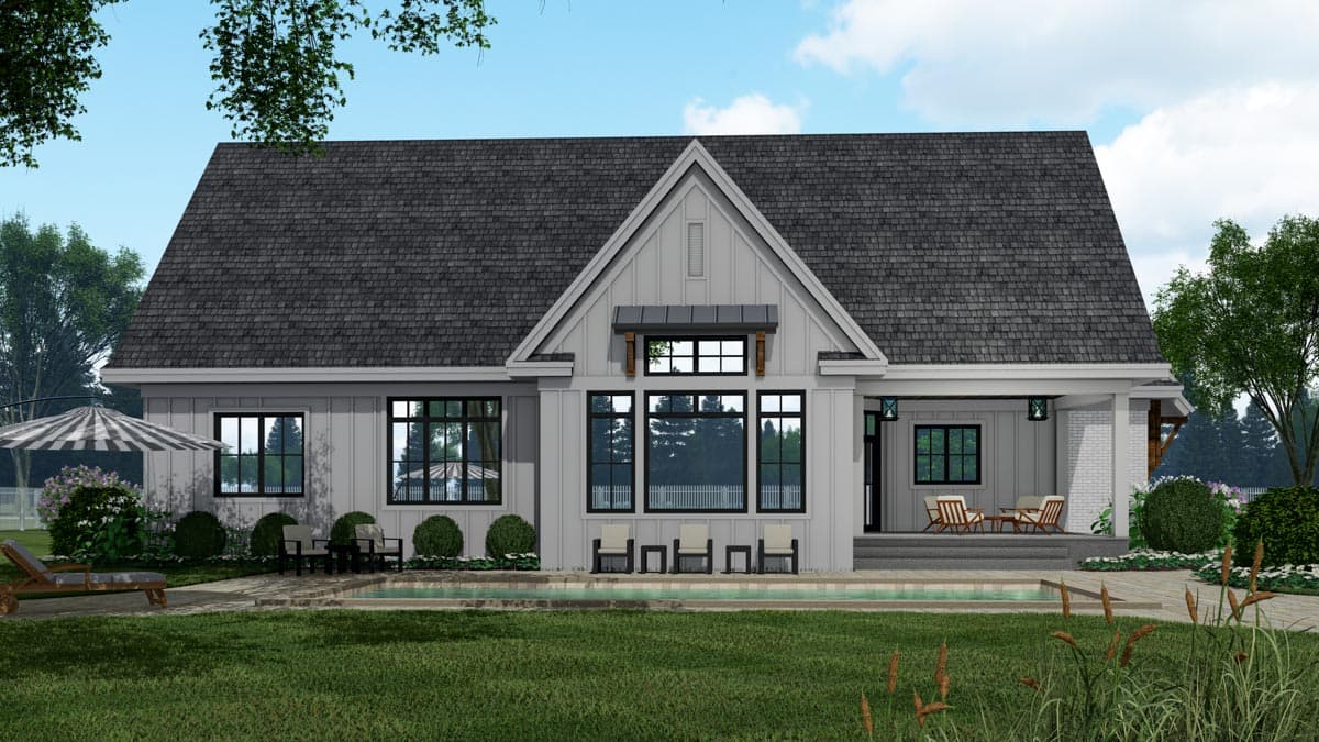 House plan exterior: Modern Farmhouse style, one story, gable roof, covered porch, and large picture windows.