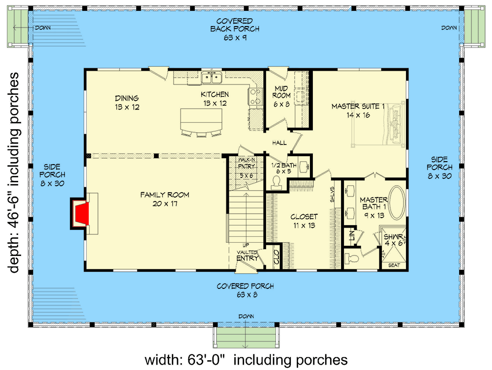 Plan 68660VR: Country House Plan with Wraparound Porch and Three Bedroom Suites - 2662 Sq Ft - Floor Plan - Main Level - Country, Farmhouse, Traditional