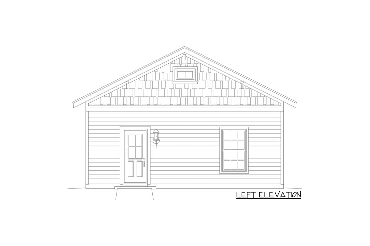 Left elevation house plan showing siding, a shingled gable with dormer, front door, and window.