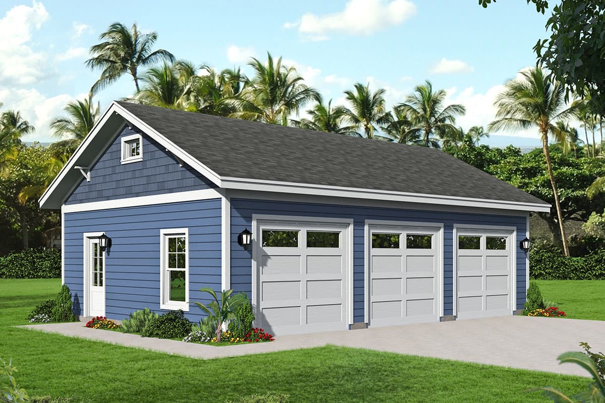 House plan exterior with a gable roof, three-bay garage, and a single dormer. Features a craftsman style exterior with board and batten siding.