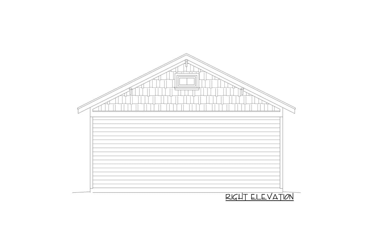 Right elevation drawing of a house plan, showing horizontal siding and shingle detail on gable with a dormer window.