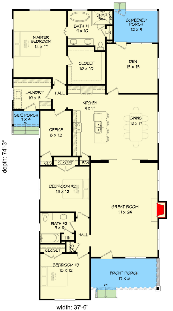 Plan 68662VR: 3-Bed Bungalow Plan with Screened Porch - Floor Plan - Main Level - Bungalow, Cottage, Craftsman