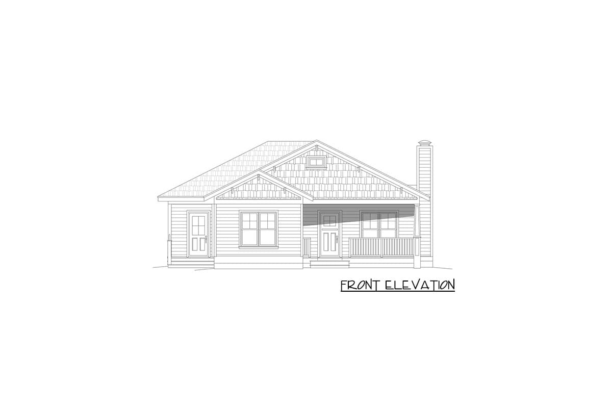 Front elevation drawing of a one-story house plan with a porch, gable, dormer, and chimney.