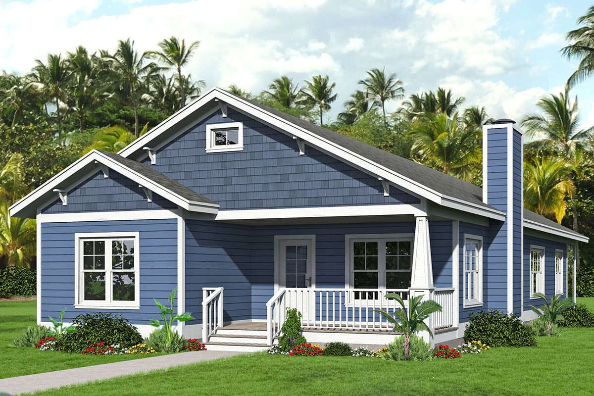 House plan exterior. One-story Cottage style with a front porch, gables, and a prominent chimney. Features include a shingle roof and siding.