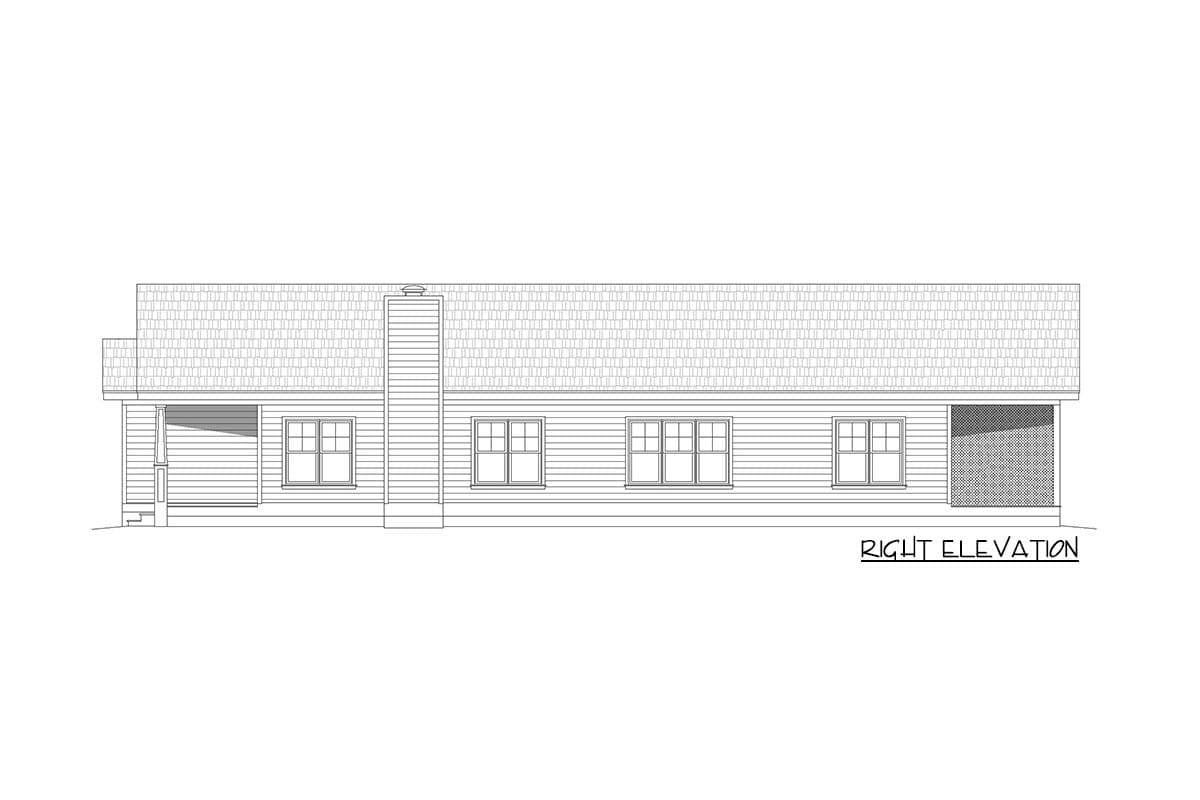 Right elevation house plan, one story, with a covered porch, a chimney, and multiple windows.