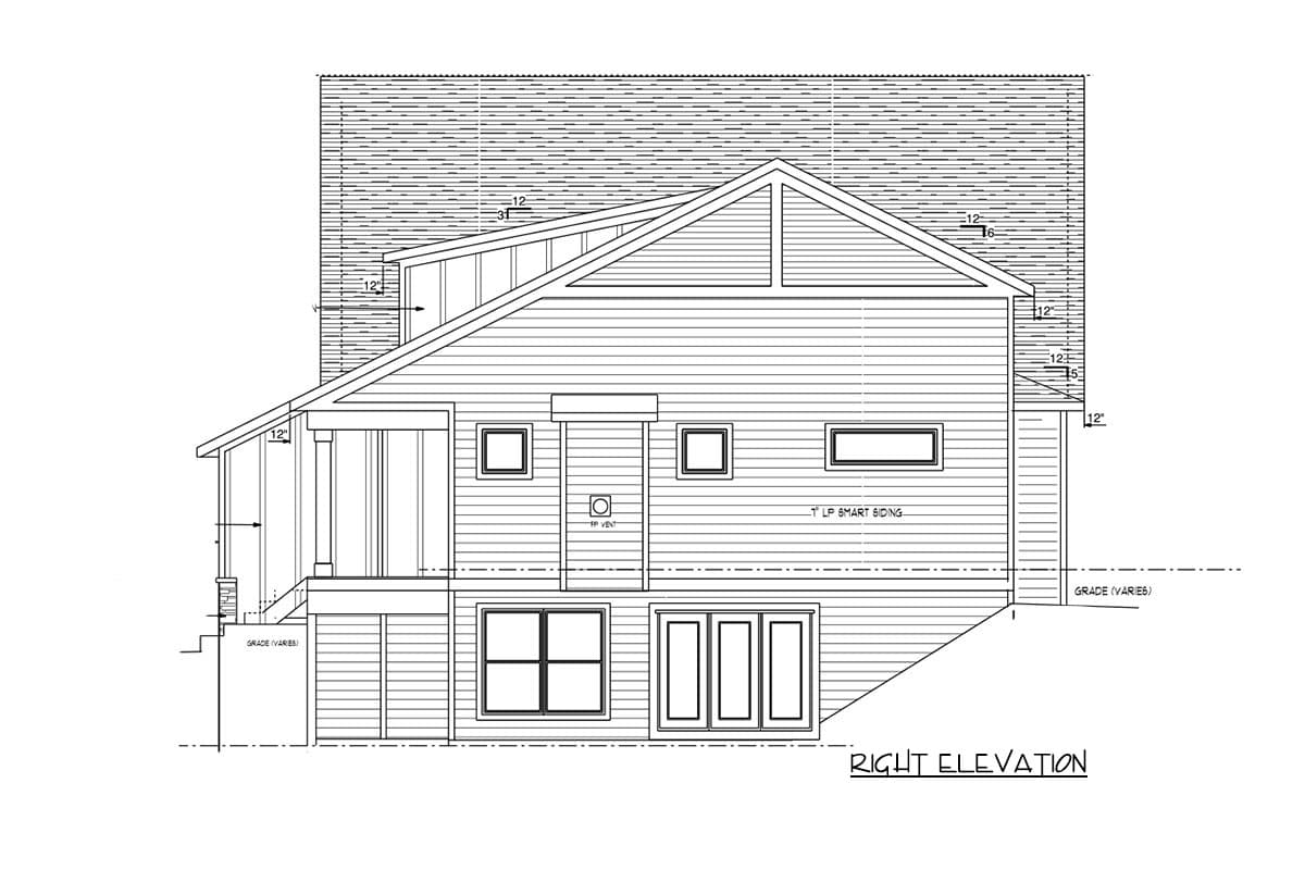Right elevation house plan with gable roof, covered porch, LP smart siding, and multiple windows.