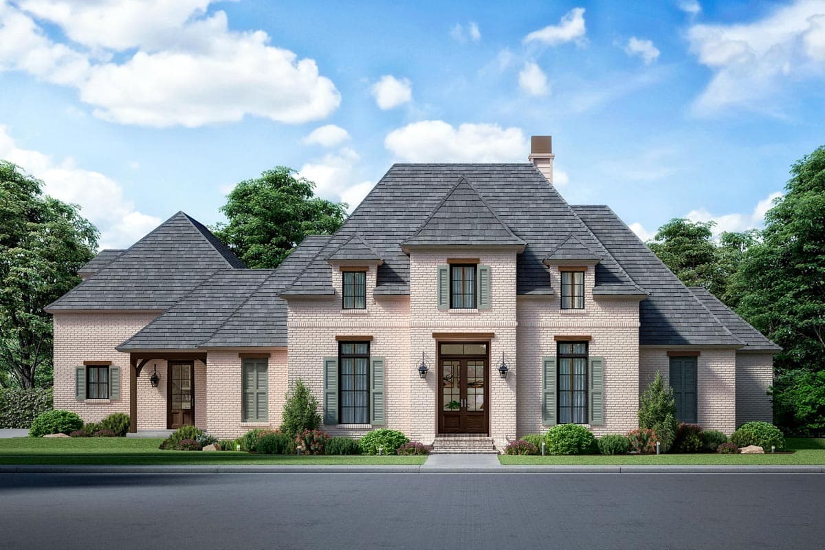House plan exterior. Two-story brick home with gabled roof, dormers, and front entry porch. Features include shutters and a prominent chimney.