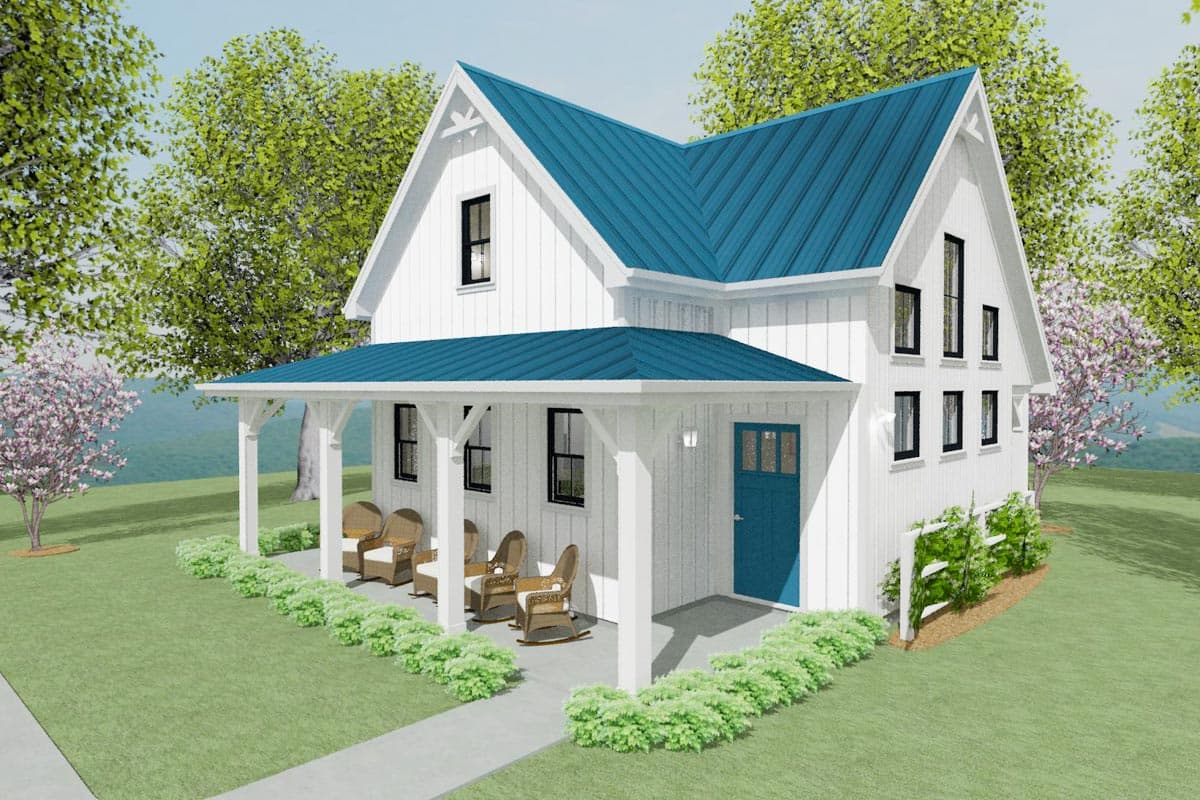 Modern Farmhouse house plan exterior, two stories, with wraparound porch, gables, and vertical board and batten siding.