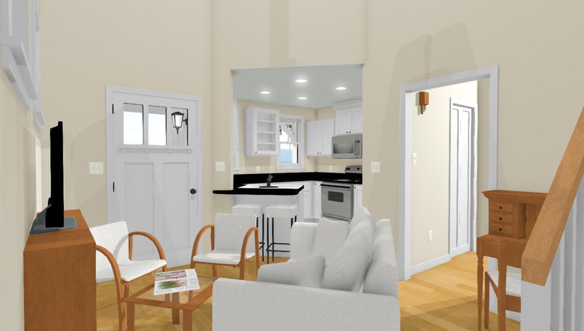 Interior rendering of a living area opening to a kitchen with island, featuring a sofa, chairs, coffee table, and a doorway to stairs.