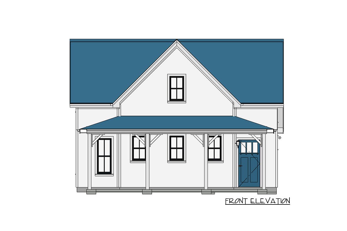 Front elevation house plan with a covered porch, gabled roof, and central dormer window.