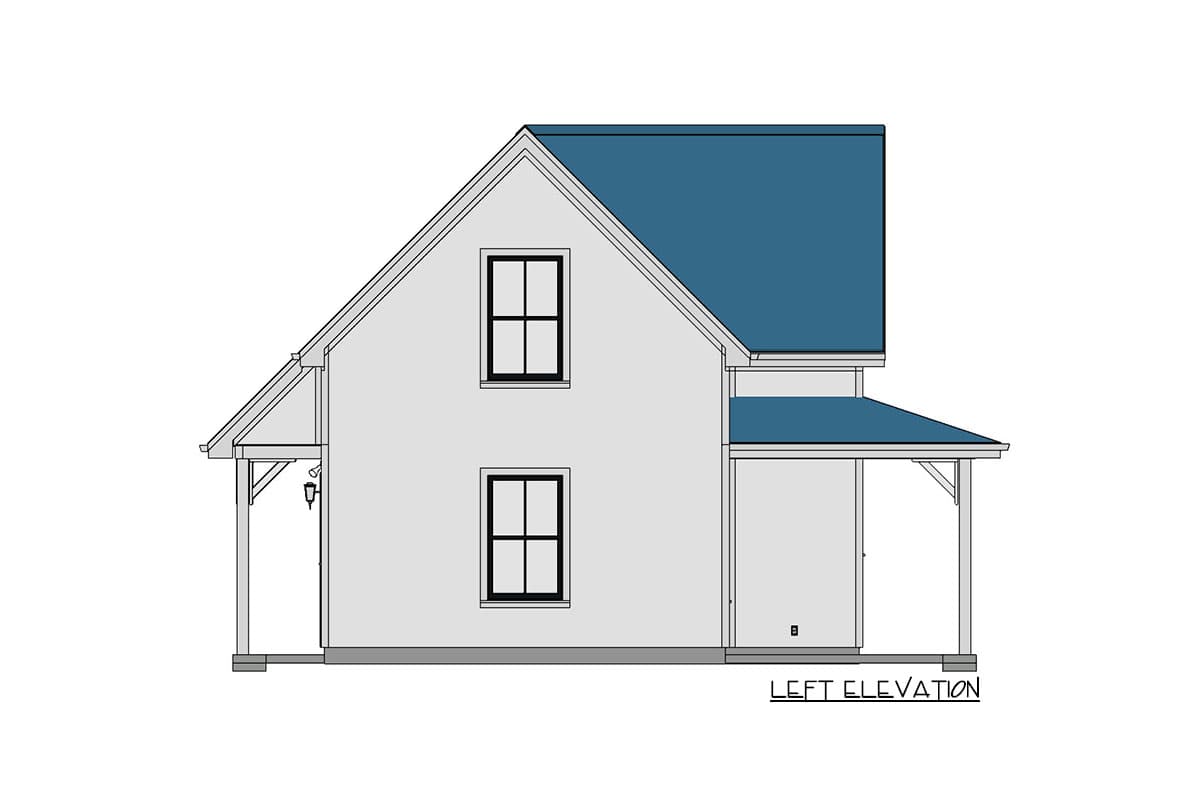Left elevation drawing of a two-story house plan with gabled roof, covered porch, and two windows on each story.