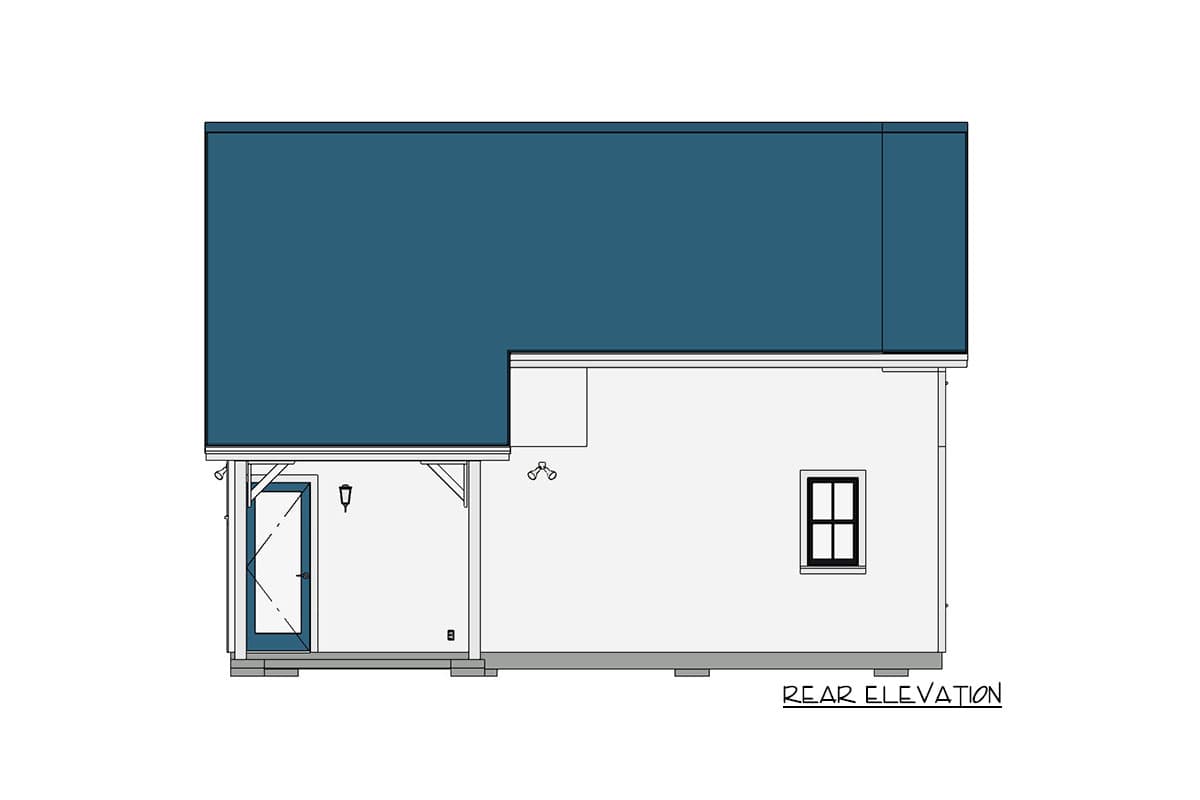 Rear elevation house plan with covered porch, single door, and one window.