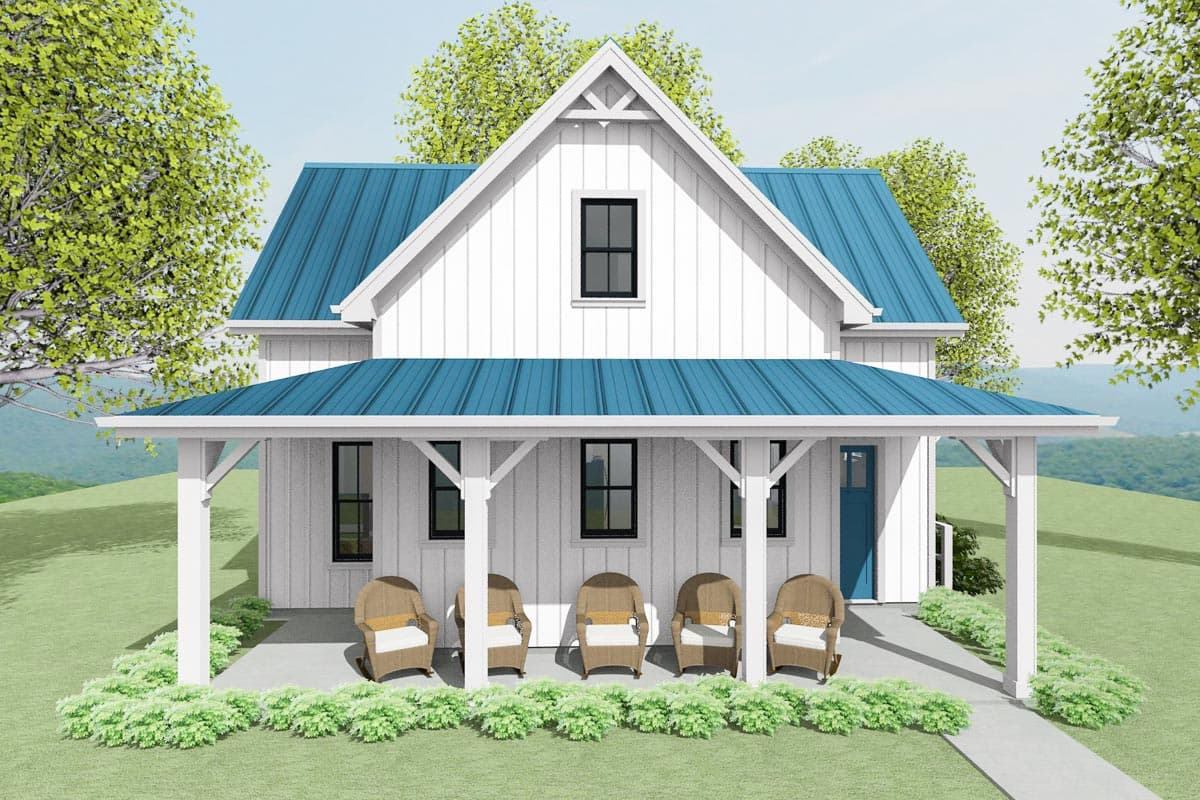 House plan exterior. Two-story Modern Farmhouse with a gabled roof, a covered porch with supporting columns, and a blue metal roof.
