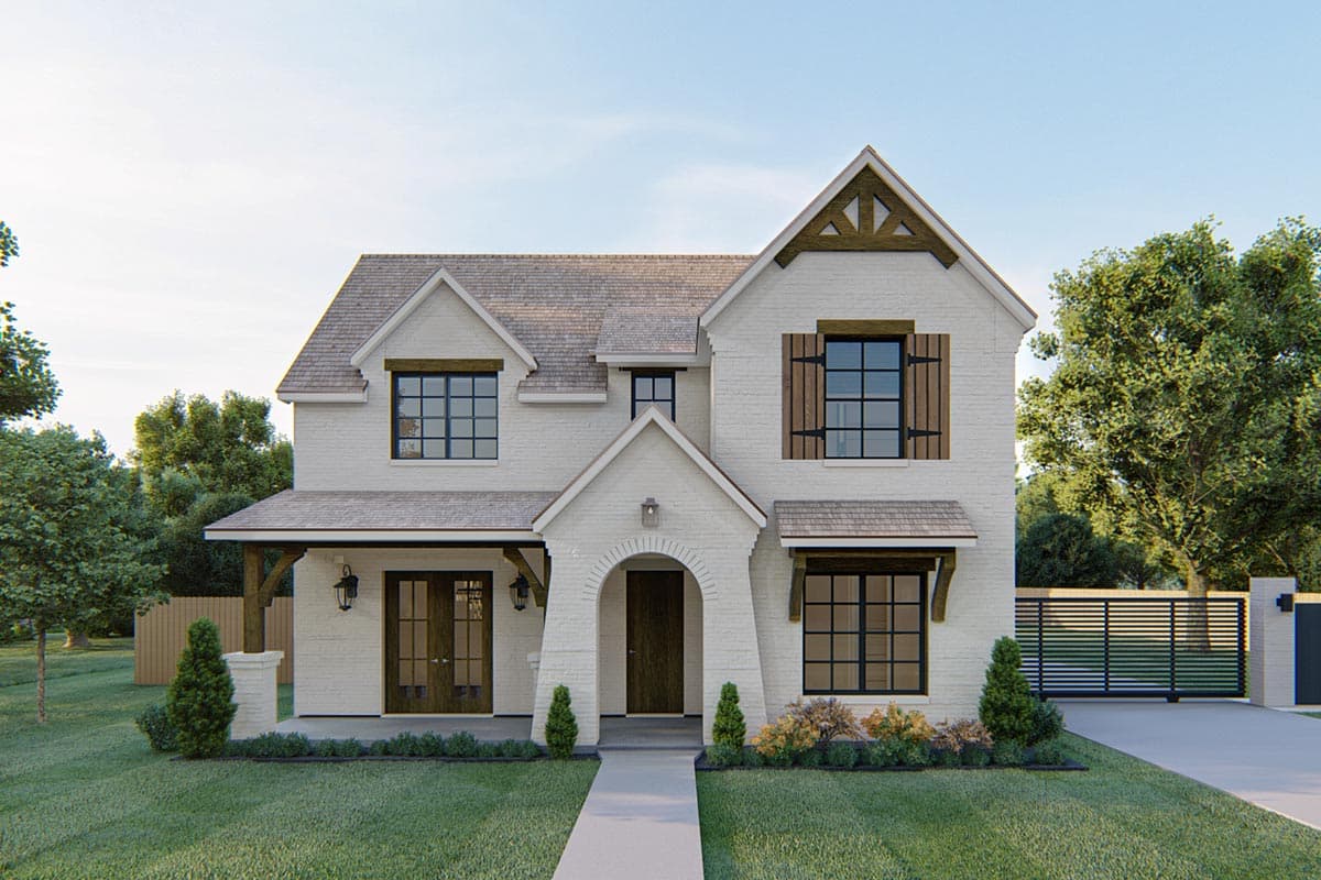 House plan exterior featuring a two-story farmhouse style with gables, a covered porch, and decorative shutters.