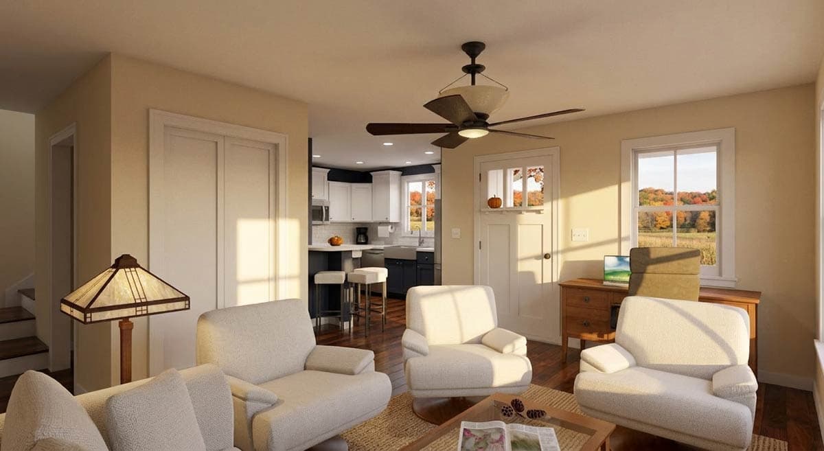Living room rendering with open view to kitchen, featuring fireplace, ceiling fan, and large window.